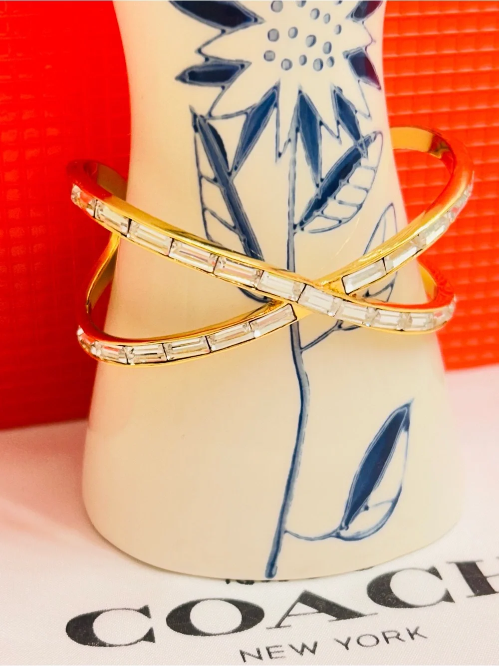 RARE Coach Gold Tone Crystal Crisscross Cuff Bracelet